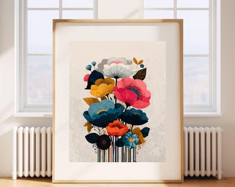 Colorful Botanical Wall Art Print, Scandinavian Flower Poster, Maximalist Retro Artwork, Gift For Her, Mid Century Modern Home Decor