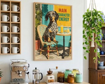 Dachshund Wall Art, Retro Colorful Wall Decor, Coffee Wall Poster, Art Deco Colorful Print, Woman Gift Idea, Funny Animal Print,Dog Portrait