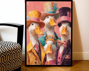 Ducks in Suits Artwork, Whimsical Animal Print, Maximalist Eclectic Decor, Funny Duck Poster, Colorful Print, Trendy Wall Art, Kitchen Gift