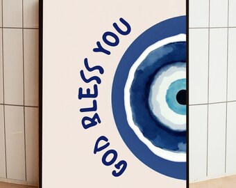 God Bless You Poster, Turkish Evil Eye Wall Art, Nazar Decor, Boho Home Decor, Minimalist Blue Eye Print, Spiritual Protection Wall Art