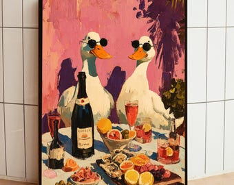 Funny Duck Wall Art, Colorful Animal Print, Maximalist Kitchen Decor, Pink Dining Room Art, Wine Lover, Coffee Wall Poster,Whimsical Artwork