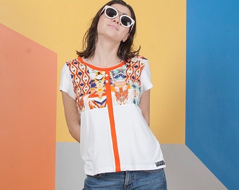 PIPPURI Blouses Shirt • Cut •-orange, cream, pattern
