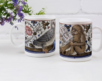 Mug "Irritated Owl and Singing Monkey"  Illustrated Manuscript Medieval Marginalia