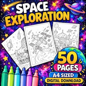 Pode incluir: Um livro de colorir para download digital intitulado "Space Exploration" com 50 páginas. A capa apresenta ilustrações em linha de estações espaciais, planetas e foguetes. Inclui um conjunto de lápis de cor.