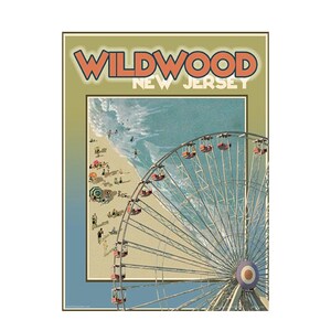 May include: A vintage-style poster featuring the text "Wildwood New Jersey" in orange and white. The image includes a Ferris wheel, a beach scene with people, and the ocean. The poster has a retro aesthetic with a muted color palette.