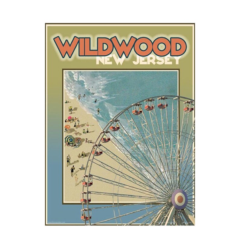 May include: A vintage-style poster featuring the text "Wildwood New Jersey" in orange and white. The image includes a Ferris wheel, a beach scene with people, and the ocean. The poster has a retro aesthetic with a muted color palette.