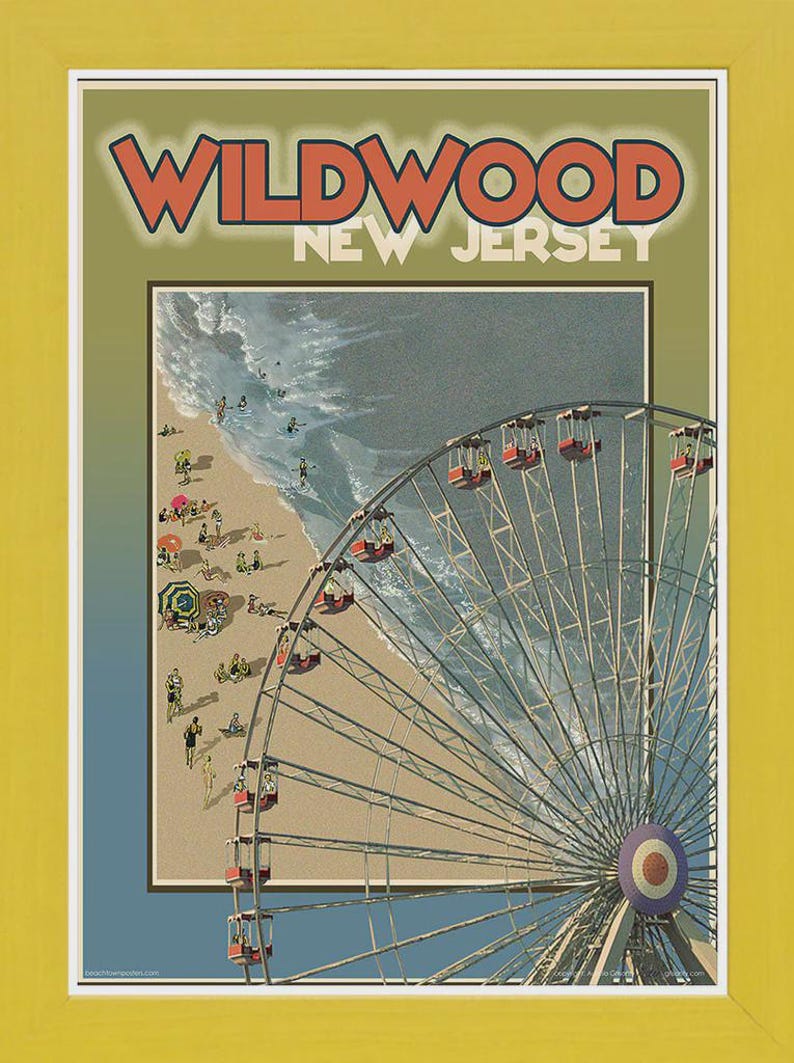 May include: A framed vintage travel poster for Wildwood, New Jersey, featuring a beach scene with a Ferris wheel and the text "Wildwood New Jersey" in orange and white. The poster is framed in yellow.
