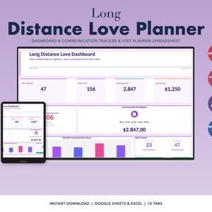 May include: A digital planner titled "Long Distance Love Planner" with a dashboard and communication tracker. The image shows a tablet and a larger screen displaying data, including the numbers 47, 156, 2,847, and £1,250. The text "Instant Download" is also visible.