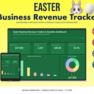 May include: An Easter-themed business revenue tracker spreadsheet with a green dashboard design. The spreadsheet includes sections for total revenue, orders, average order value, and profit margin. The image also features a tablet displaying the dashboard and Easter-themed graphics.