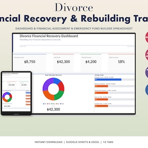 May include: A digital financial recovery and rebuilding tracker spreadsheet for divorce. The dashboard displays financial data, including emergency fund, net worth, monthly income, and savings goals. Includes a tablet showing a pie chart.