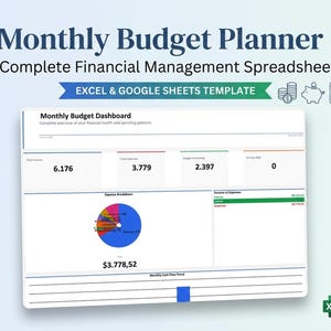 May include: A digital financial planning template with the text "Monthly Budget Planner - Complete Financial Management Spreadsheet." The spreadsheet displays income, expenses, and budget details. A pie chart illustrates expense breakdown. The template is compatible with Excel and Google Sheets.