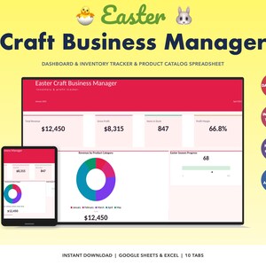 May include: A digital spreadsheet labelled "Easter Craft Business Manager" with a dashboard, inventory tracker, and product catalogue. The design features a tablet and a larger screen displaying financial data, charts, and Easter-themed graphics. Includes the text "Instant Download | Google Sheets & Excel | 10 Tabs."