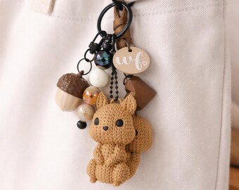 3D Crocheted Squirrel Keychain with Acorn Clicker | Woodland Bag Charm Bundle