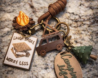 Camping Life Keychain – S’mores, Campfire, Camper Van, Tree Charms – Adventure Accessory