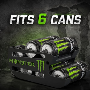 May include: A black metal beverage can dispenser rack featuring the green Monster Energy logo on the side. The rack holds six black and green Monster Energy cans arranged in two rows. The text FITS 6 CANS is displayed in white and green above the rack.