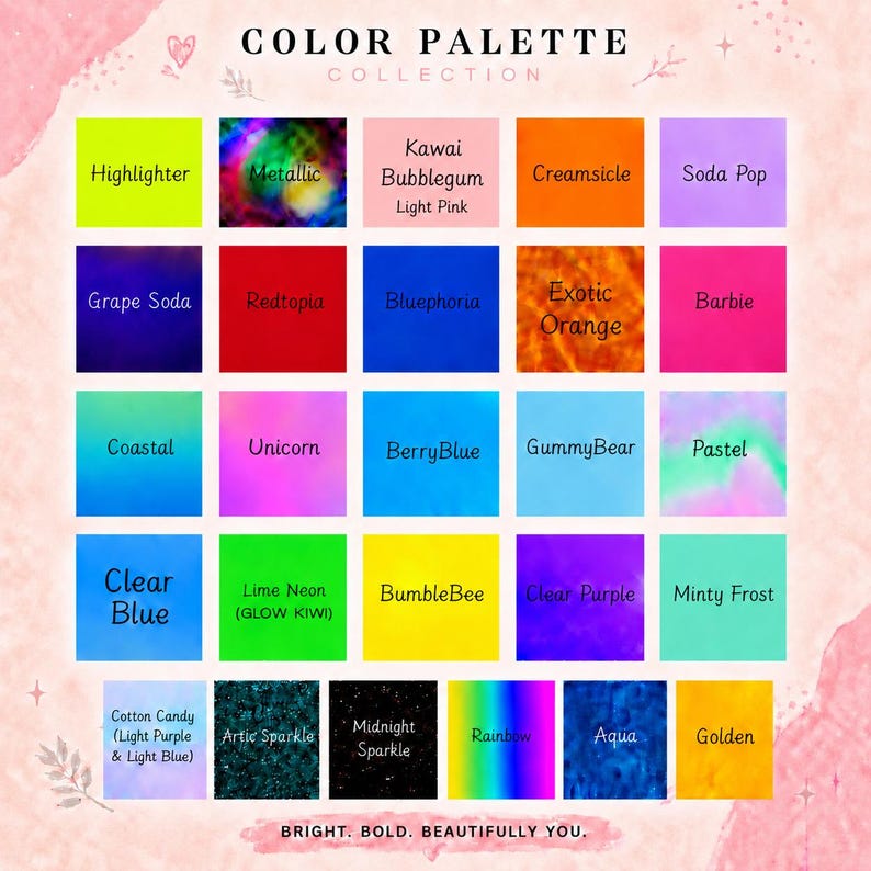 May include: A color palette collection chart featuring twenty-four square swatches with various colors and textures, including neon, metallic, glitter, and solid shades. Each square is labeled with names like Highlighter, Metallic, Kawai Bubblegum, and Rainbow.