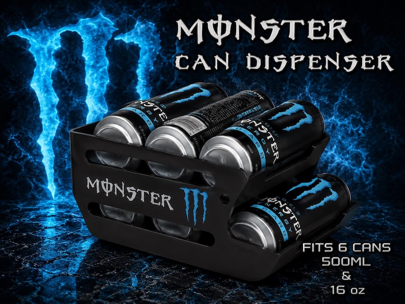 May include: A black plastic Monster can dispenser featuring the Monster logo and text. The unit holds six cans, compatible with 16 oz and 500 ml sizes. The dispenser has a tiered design with horizontal slots, displaying the Monster branding in white.