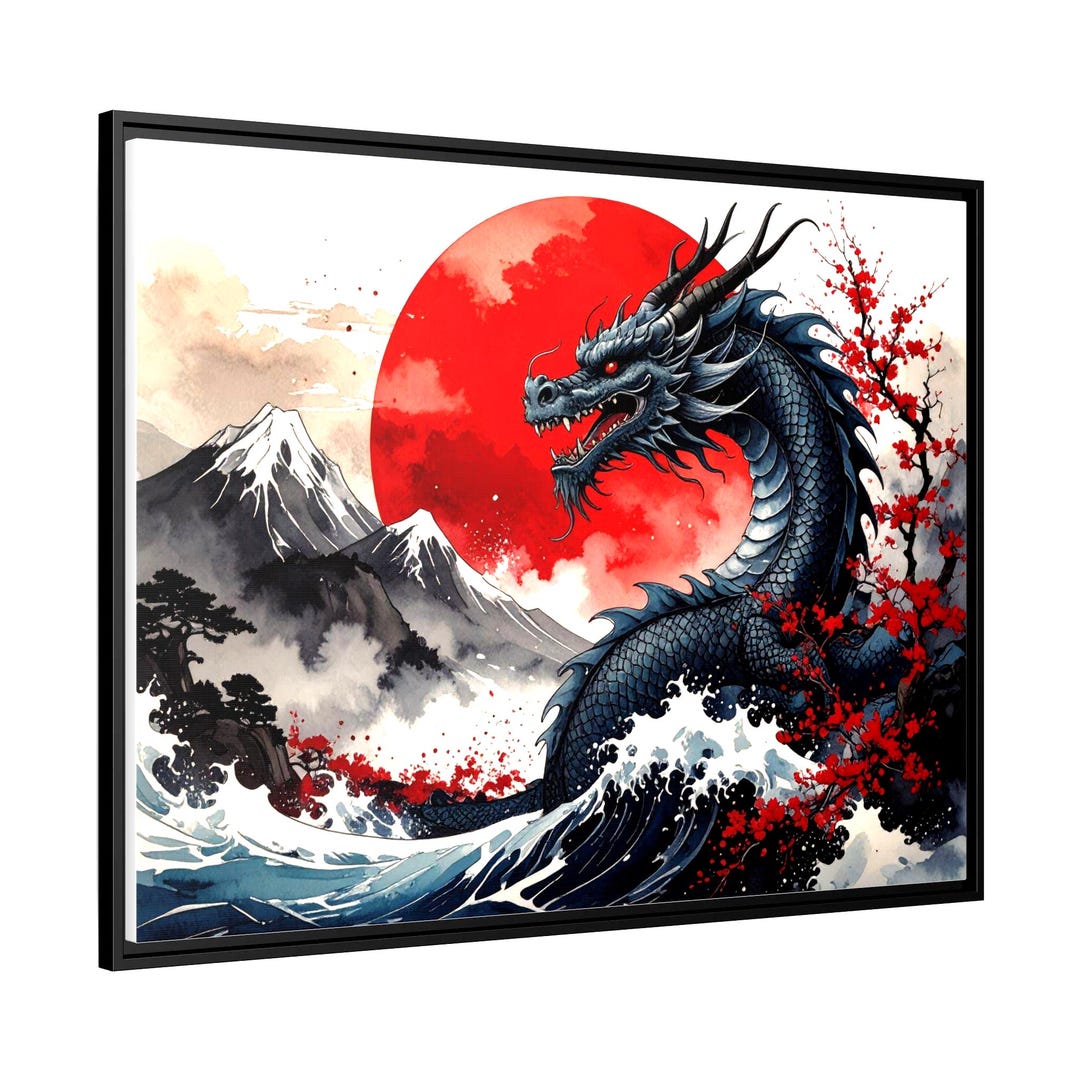 Japanese Dragon Wall Art Print, Red Sun Dragon Painting, Asian ...