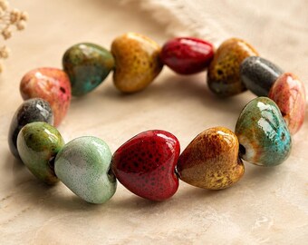 Colorful Ceramic Heart & Flower Beaded Bracelet, Handmade Elastic Boho Ethnic Bracelet for Women