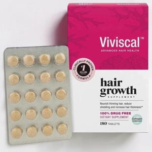 May include: A package of Viviscal hair growth supplement with a blister pack of tablets. The box is pink and white with the words "Viviscal" and "hair growth supplement." The blister pack contains 20 beige tablets.