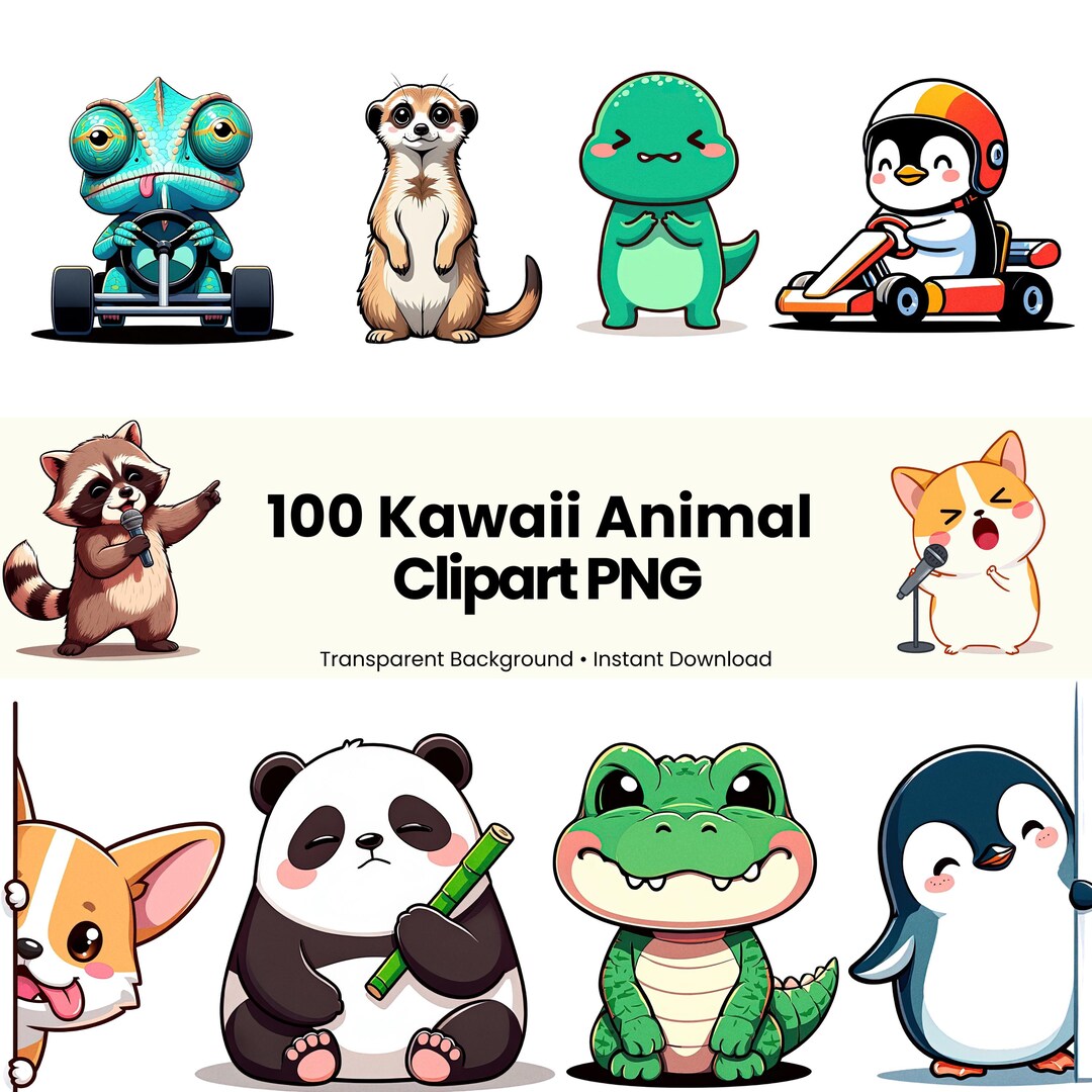 100 Kawaii Animal Clipart Bundle PNG Transparent Background - Etsy