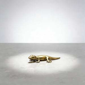 May include: A small, brass-colored lizard figurine. The reptile is lying flat on a light-colored surface, with its legs and tail extended. The lizard is detailed with visible eyes and scales. The background is a gradient of white to light gray.
