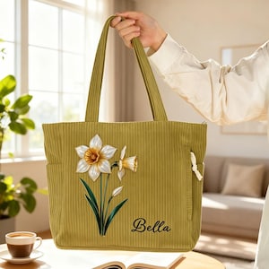 Personlig födelseblomma-tygväska i manchester – brudtärnepresent, tygväska med personligt namn, vardags- och helgpresent, husdjurspresenter, eidpresent