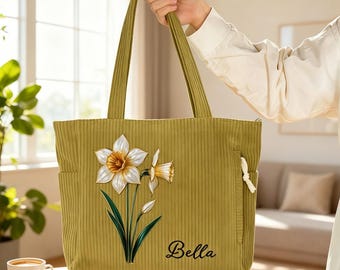 Borsa tote in velluto a coste personalizzata con fiore di nascita - Regalo per damigella d'onore, borsa tote personalizzata con nome, essenziale per tutti i giorni e per il weekend, regali per animali domestici, regalo per Eid