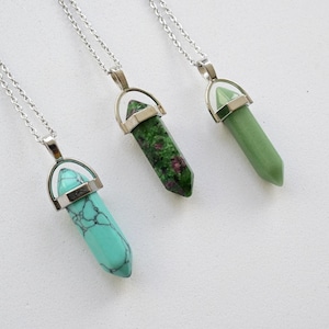 Collar de punta turquesa, zoisita rubí, jade verde, cadena de acero inoxidable, piedra preciosa curativa, collar de amor, punta de piedra de cristal