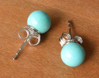 Light Blue Turquoise Stud Earrings, 6 mm or 8 mm Turquoise Bead on Silver or Gold Stud, Natural Light Blue Turquoise Mined from Arizona, USA