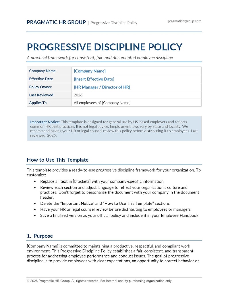 Progressive Enforcement Progressive Discipline Policy Template | Small Business HR Policy ...
