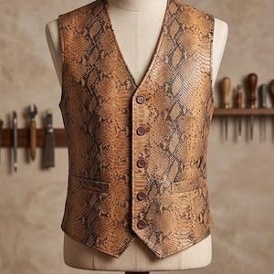 May include: A sleeveless vest featuring a brown and black snakeskin pattern. The garment has a V-neckline, five dark brown buttons down the center front, and two horizontal welt pockets at the waist. It is displayed on a mannequin torso.