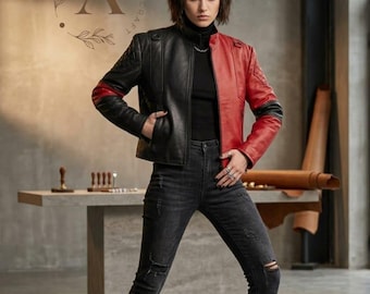 Black and Red Split Color Leather Biker Jacket | Genuine Leather Two Tone Motorcycle Jacket
