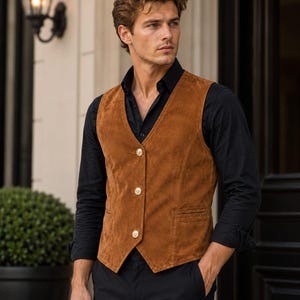 Handmade Suede Leather Vest Men Women, Cognac Tan Waistcoat, Vintage Western Leather Chaleco, Country Chic Groom Vest, Gift for Him Her