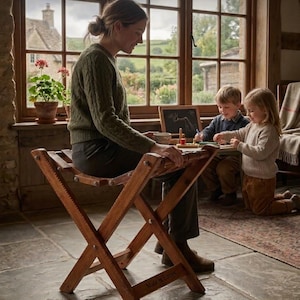May include: A vintage wooden folding chair with a woven seat. A woman sits on the chair, with two children playing. The scene is set in a room with a large window overlooking a garden. The text "AuthenticArtCrafter" is at the top.