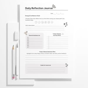 May include: A white Daily Reflection Journal with sections for daily notes, including "Energy & Confidence Check" and "Glow & Gratitude List." Includes a pencil, pen, and eraser.