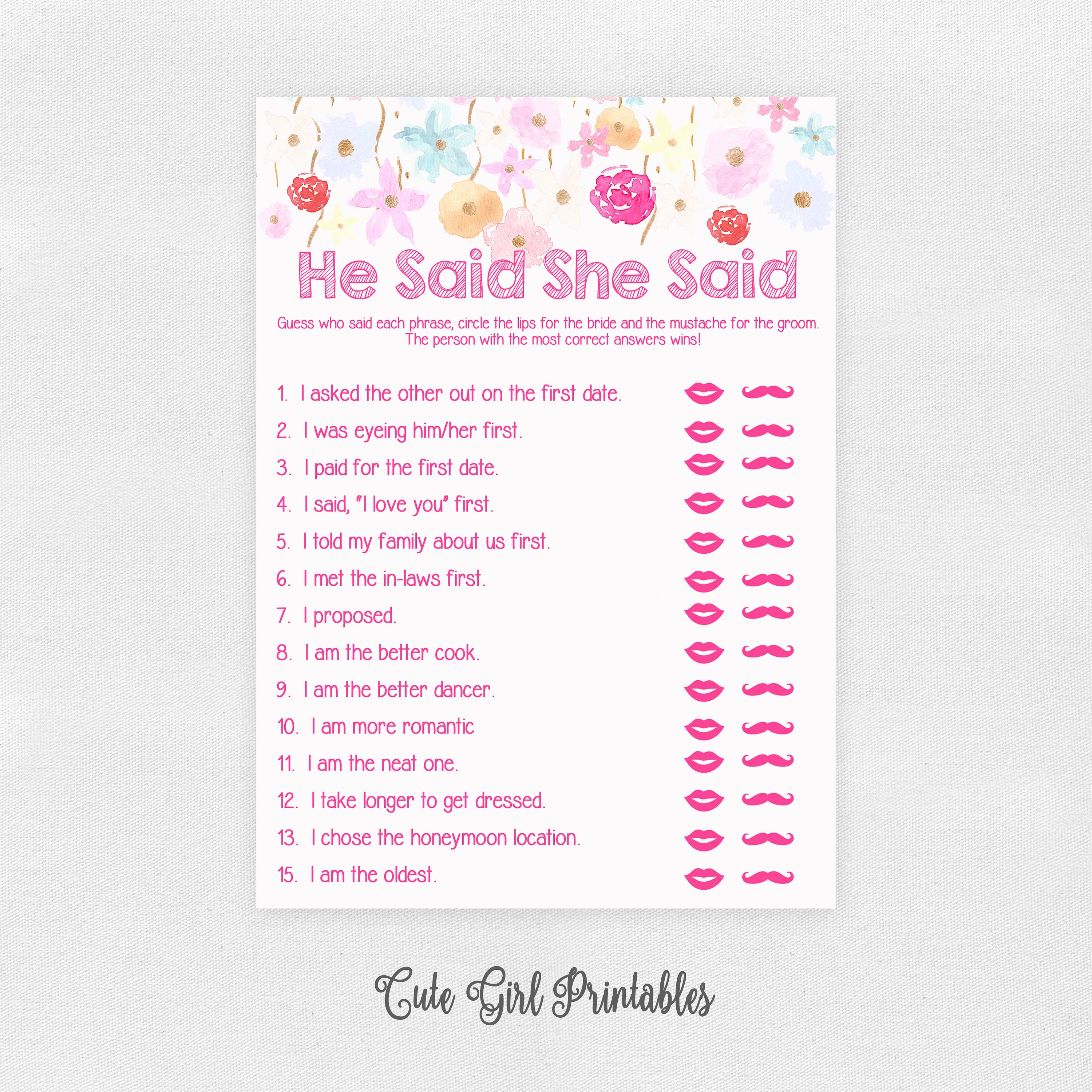 He Said She Said Printable Game Downloadable Couples Game | Etsy