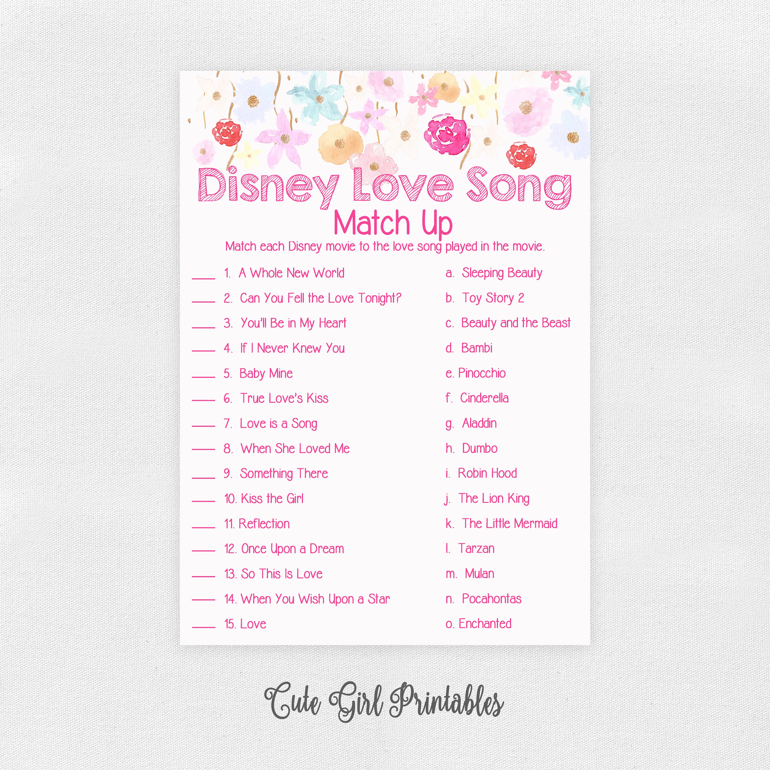 Disney Song Game Printable Bridal Shower Game Disney Songs | Etsy