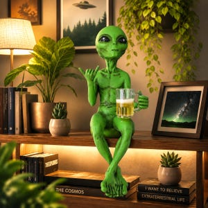 May include: A green alien figurine with large black eyes sitting on a shelf, holding a glass mug filled with a golden beverage. The alien is making a hand gesture with its right hand. The figure is positioned among books and potted plants.