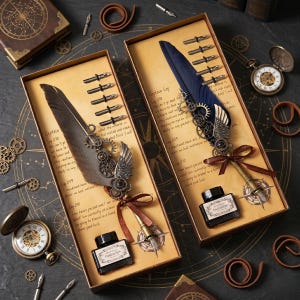 May include: Two steampunk quill pen sets in boxes. Each set features a feather pen with gear and wing details, ink, and nibs. The boxes have aged paper with text, and are surrounded by gears and a pocket watch. A vintage aesthetic.