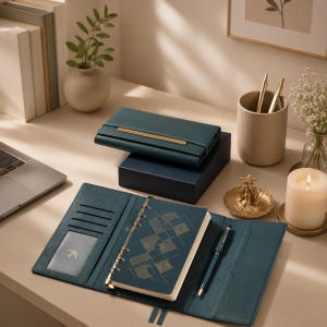 May include: A dark teal leather-effect planner cover with a gold-tone ring binder mechanism, featuring a geometric gold-line pattern on the front cover, multiple card slots, a clear ID window, and a matching dark teal ballpoint pen.