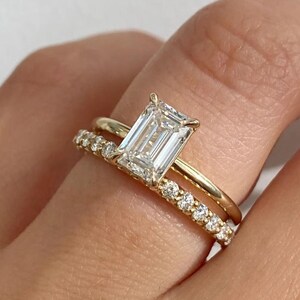 2 Ct Emerald Cut Bridal Ring Set, Half Eternity Wedding Band with Solitaire Engagement Ring Set, 14k Solid Gold Ring Sets Women