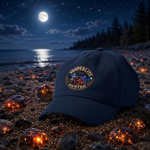Può includere: Un cappellino da baseball blu navy con una toppa grafica circolare sul davanti. La toppa mostra una roccia arancione brillante con il testo "YOOPERLITE HUNTER" arcuato sopra e "LAKE SUPERIOR, MICHIGAN" stampato in piccolo sotto.