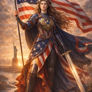 Könnte beinhalten: Illustration einer Frau in patriotischer Rüstung, die eine große amerikanische Flagge und ein Schwert hält. Die Rüstung ist rot, weiß und blau, mit einem Adleremblem. Im Hintergrund sind die Freiheitsstatue und eine Stadtlandschaft zu sehen.