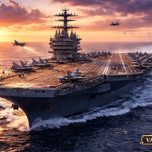 May include: An aircraft carrier sails on the ocean at sunset. The carrier is gray with numerous fighter jets on the deck. The sky is a mix of orange, yellow, and purple. The water is dark blue with white waves.