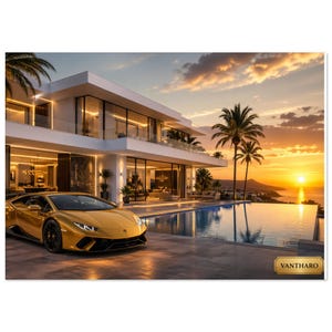 May include: A luxury home with a gold sports car parked in front of an infinity pool. The house is white with large windows, palm trees, and a sunset over the ocean. The car is a gold Lamborghini.