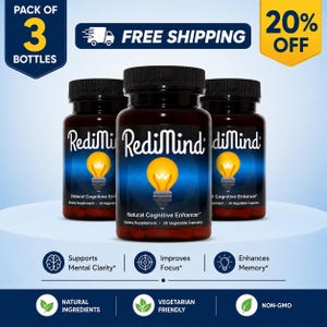 May include: Three brown bottles of RediMind cognitive enhancer supplements. Each bottle has a black cap and a label with a lightbulb graphic. The labels also state the product is a natural dietary supplement with 30 vegetable capsules.
