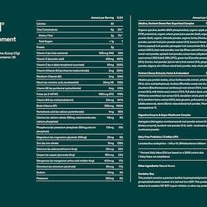 Pode incluir: R&oacute;tulo de informa&ccedil;&otilde;es nutricionais para o suplemento AG1. O r&oacute;tulo detalha o tamanho da por&ccedil;&atilde;o, que &eacute; uma colher (12g), e lista as quantidades de vitaminas, minerais e outros ingredientes. O recipiente cont&eacute;m 30 por&ccedil;&otilde;es.