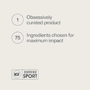 Pode incluir: Fundo bege claro com texto preto e gr&aacute;ficos circulares. O texto diz "1 Produto obsessivamente selecionado" e "75 Ingredientes escolhidos para o m&aacute;ximo impacto". Um logotipo "NSF CERTIFIED SPORT" est&aacute; na parte inferior.