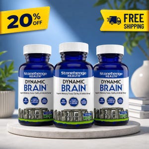 May include: Three blue supplement bottles with white caps are displayed. The labels read "DYNAMIC BRAIN" and "Stonehenge HEALTH". The bottles are on a white surface, with a blue and green background. The text "20% OFF" and "FREE SHIPPING" are also visible.
